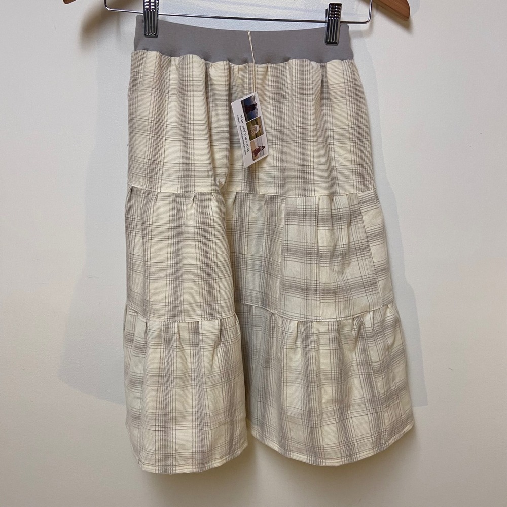 Mom and Pop's Kids Skirt Girls 7/8 Cream Plaid Upcycled Corduroy Midi Tiered